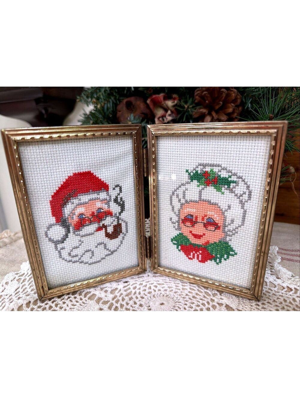 VTG Christmas Santa & Mrs Claus Set 2 Handmade Needlepoint Portraits Framed MCM